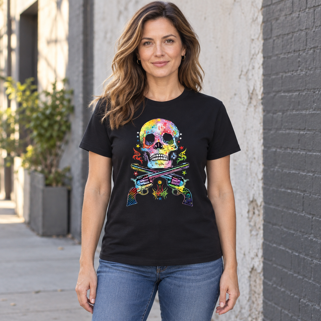 Colorful Skull and Crossed Pistols — Black T-Shirt — lifestyle hero