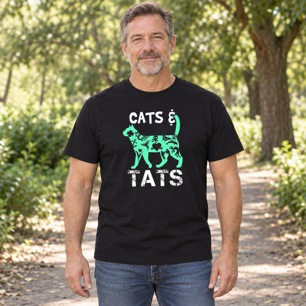Cats and Tats — Black T-Shirt — lifestyle hero
