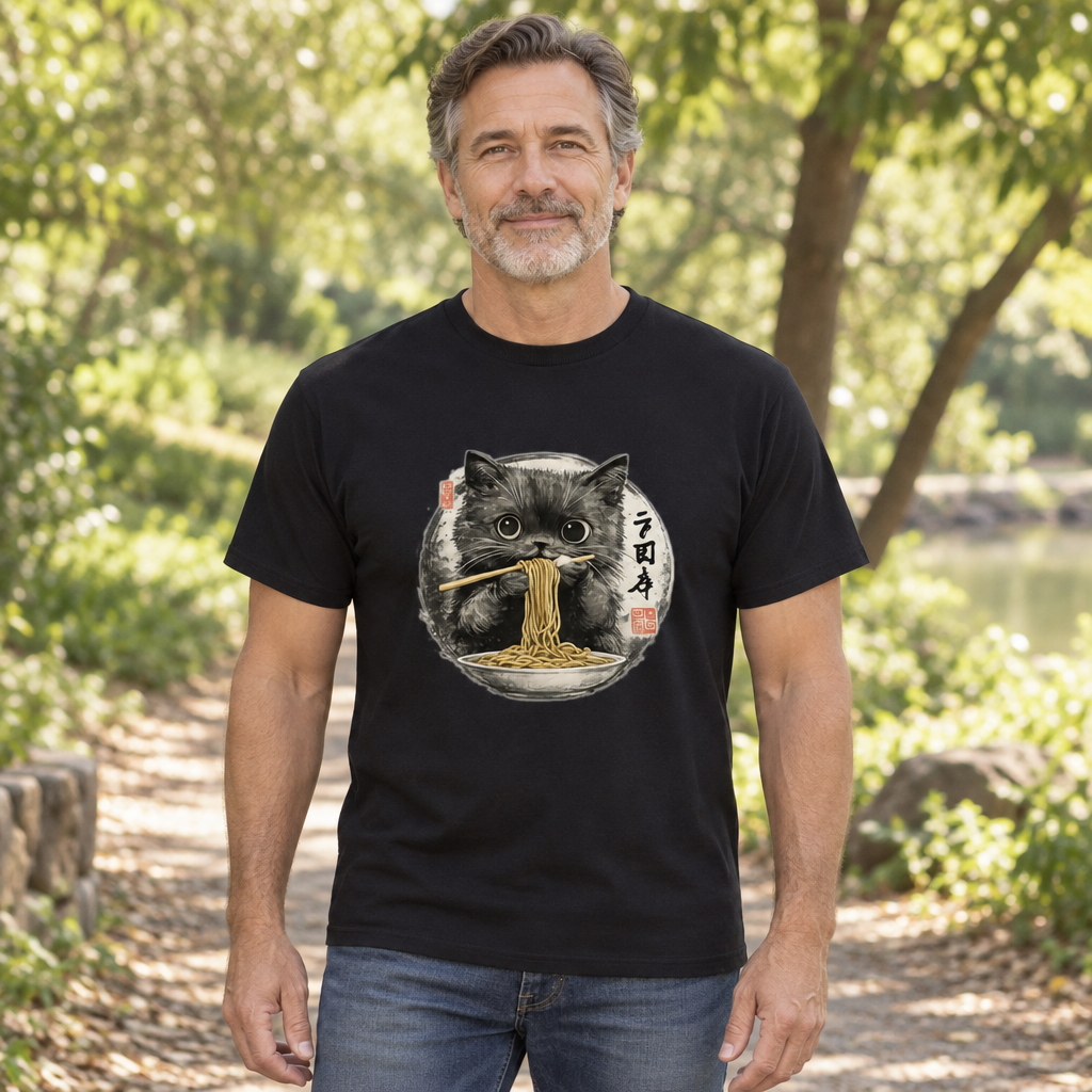 Ramen Cat — Black T-Shirt — lifestyle hero
