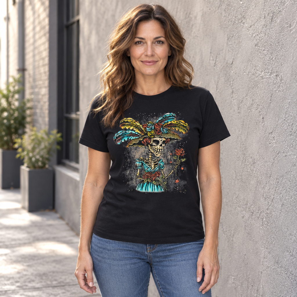 Colorful Ceremonial Skull — Black T-Shirt — lifestyle hero