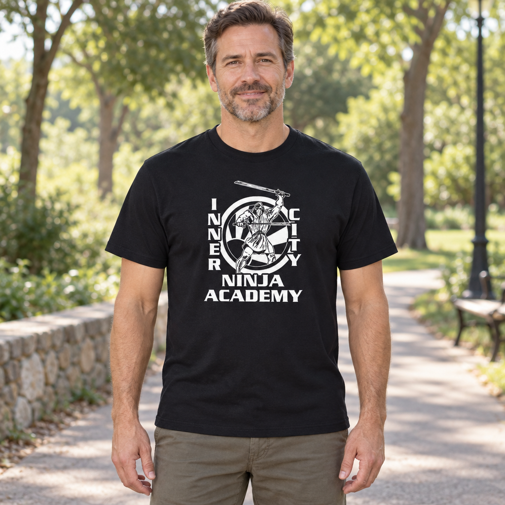 Inner City Ninja Academy — Black T-Shirt — lifestyle hero