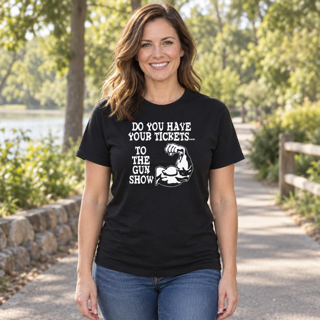 Tickets to the Gun Show — Black T-Shirt — lifestyle hero