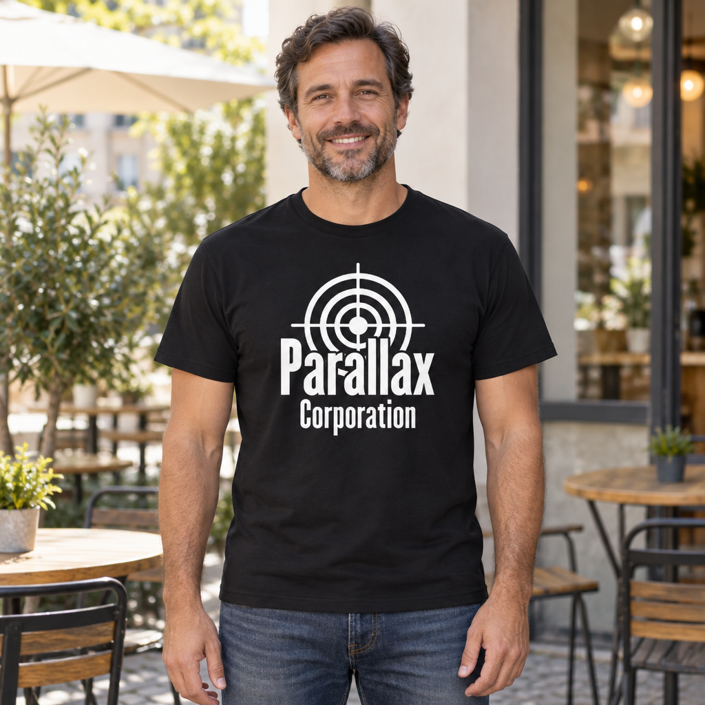 Parallax Corporation — Black T-Shirt — lifestyle hero