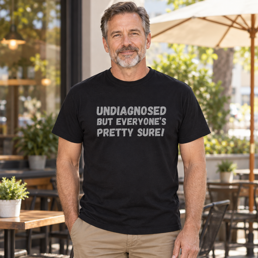 Undiagnosed But Everyone's Pretty Sure — Black T-Shirt — lifestyle hero