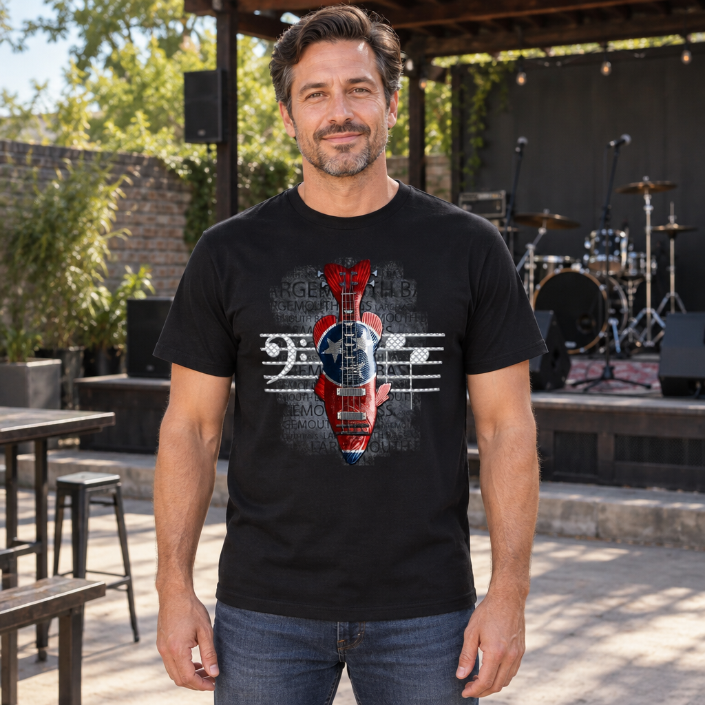 Bass Clef Guitar Skull — Black T-Shirt — lifestyle hero
