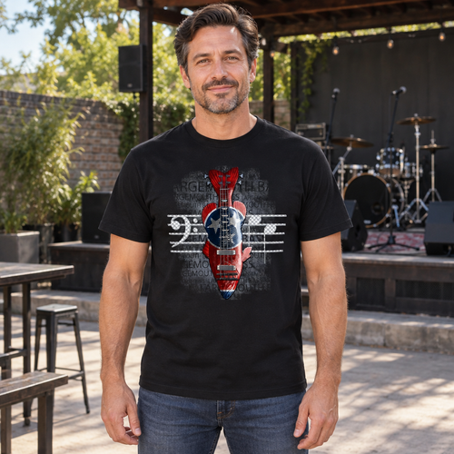Bass Clef Guitar Skull — Black T-Shirt — lifestyle hero
