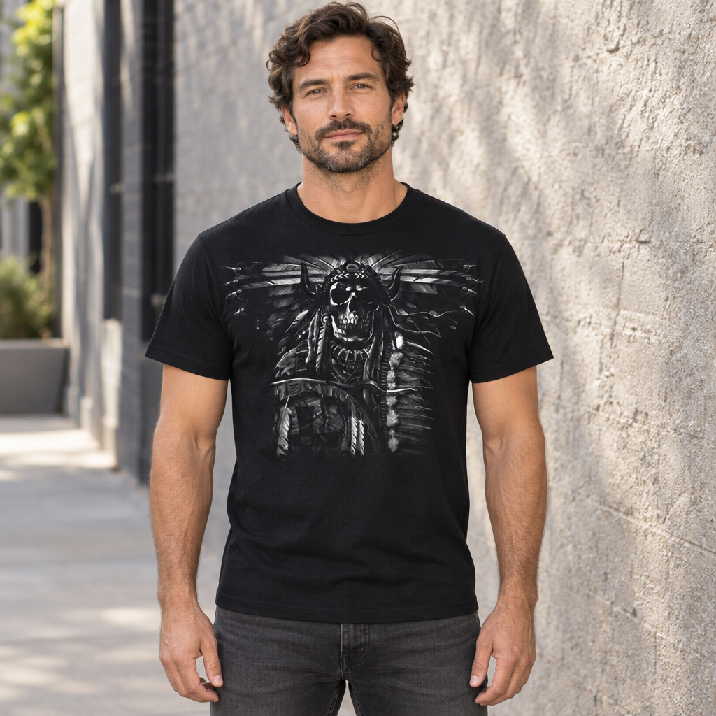 Feathered Skull with Dreamcatcher — Black T-Shirt — lifestyle hero