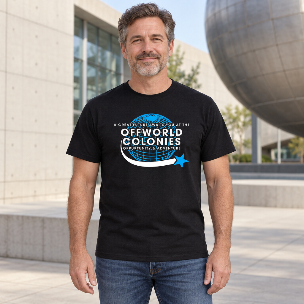 Offworld Colonies — Black T-Shirt — lifestyle hero