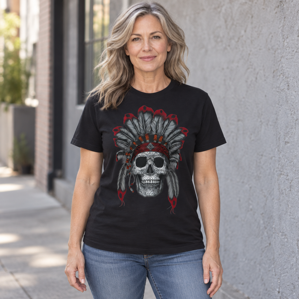 Red and Gray Feathered Skull — Black T-Shirt — lifestyle hero