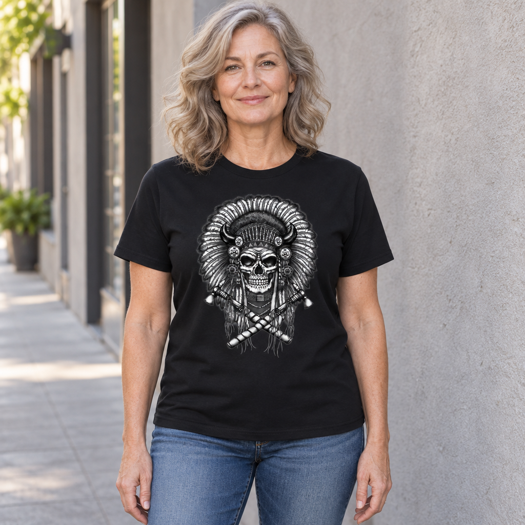 Feathered Skull and Crossed Bones — Black T-Shirt — lifestyle hero