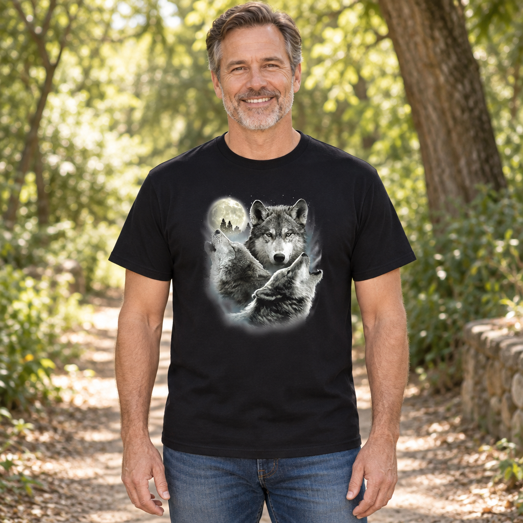 Three Wolves and Moon — Black T-Shirt — lifestyle hero