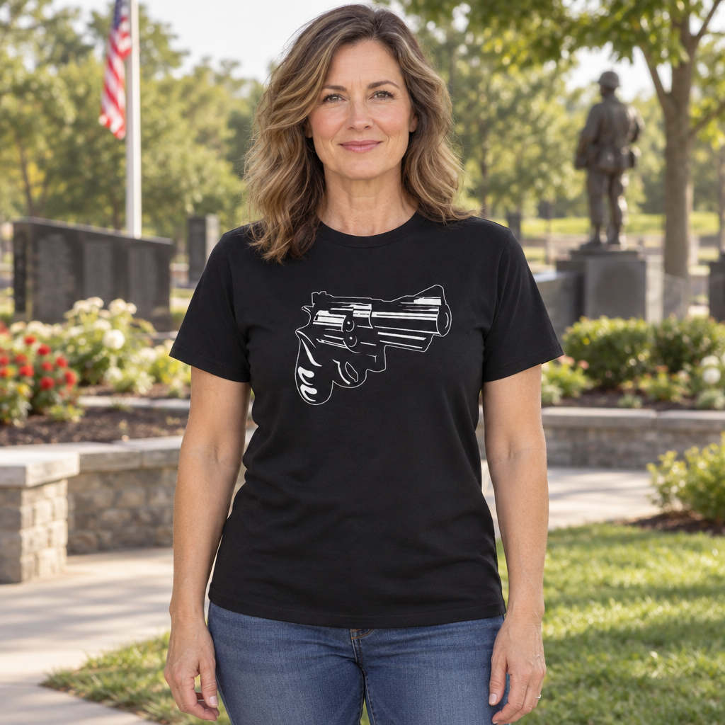 Revolver Line Drawing — Black T-Shirt — lifestyle hero