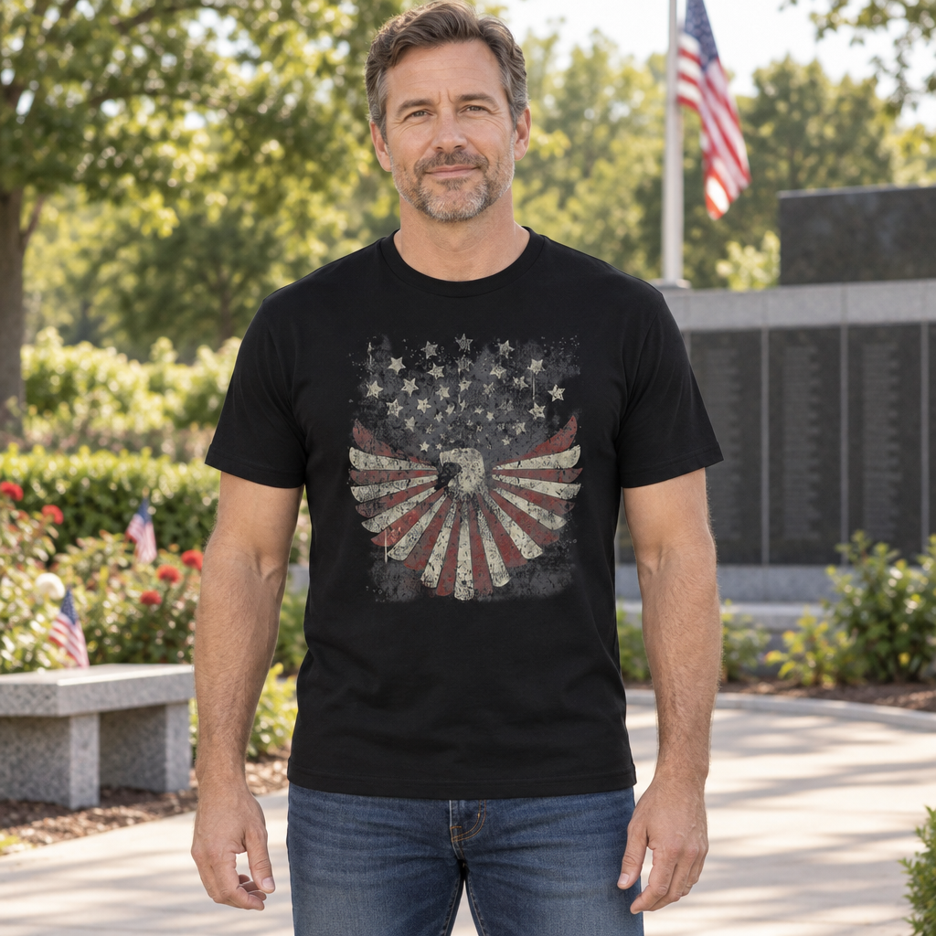 Vintage American Eagle Flag — Black T-Shirt — lifestyle hero