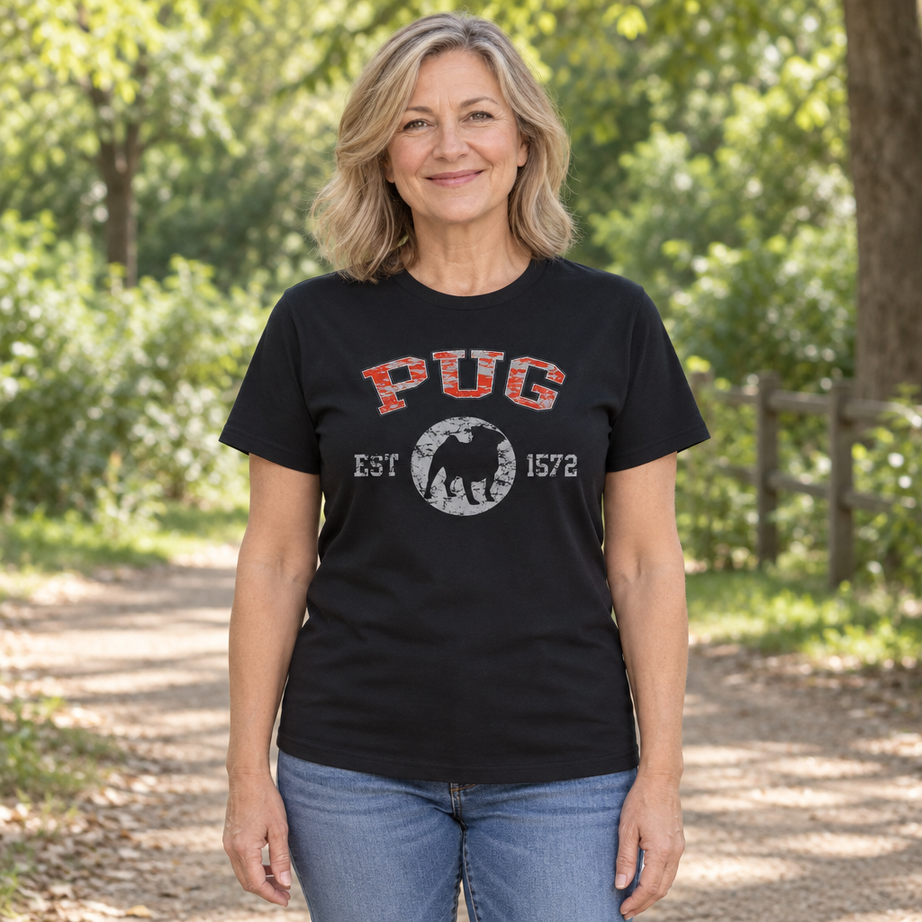 Pug Established 1572 — Black T-Shirt — lifestyle hero