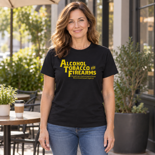Alcohol Tobacco and Firearms Convenience Store — Black T-Shirt — lifestyle hero