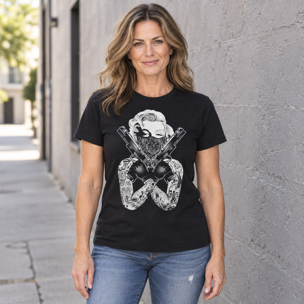 Bandana Portrait with Crossed Pistols — Black T-Shirt — lifestyle hero