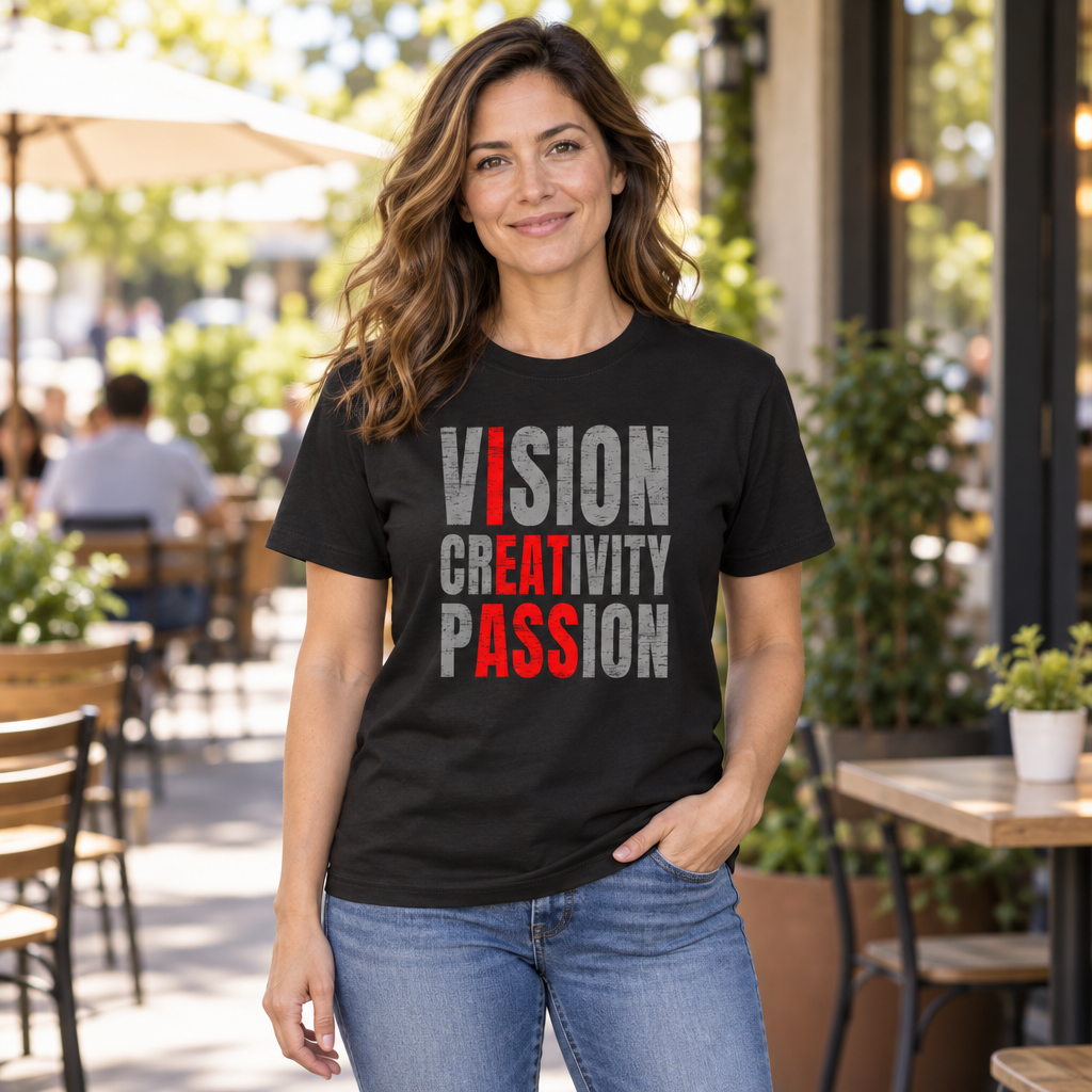 Vision Creativity Passion — Black T-Shirt — lifestyle hero
