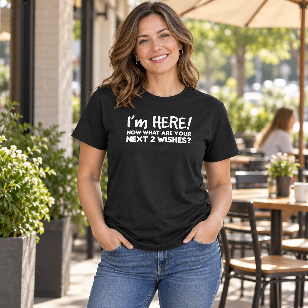 I'm Here Now What Are Your Next Two Wishes — Black T-Shirt — lifestyle hero