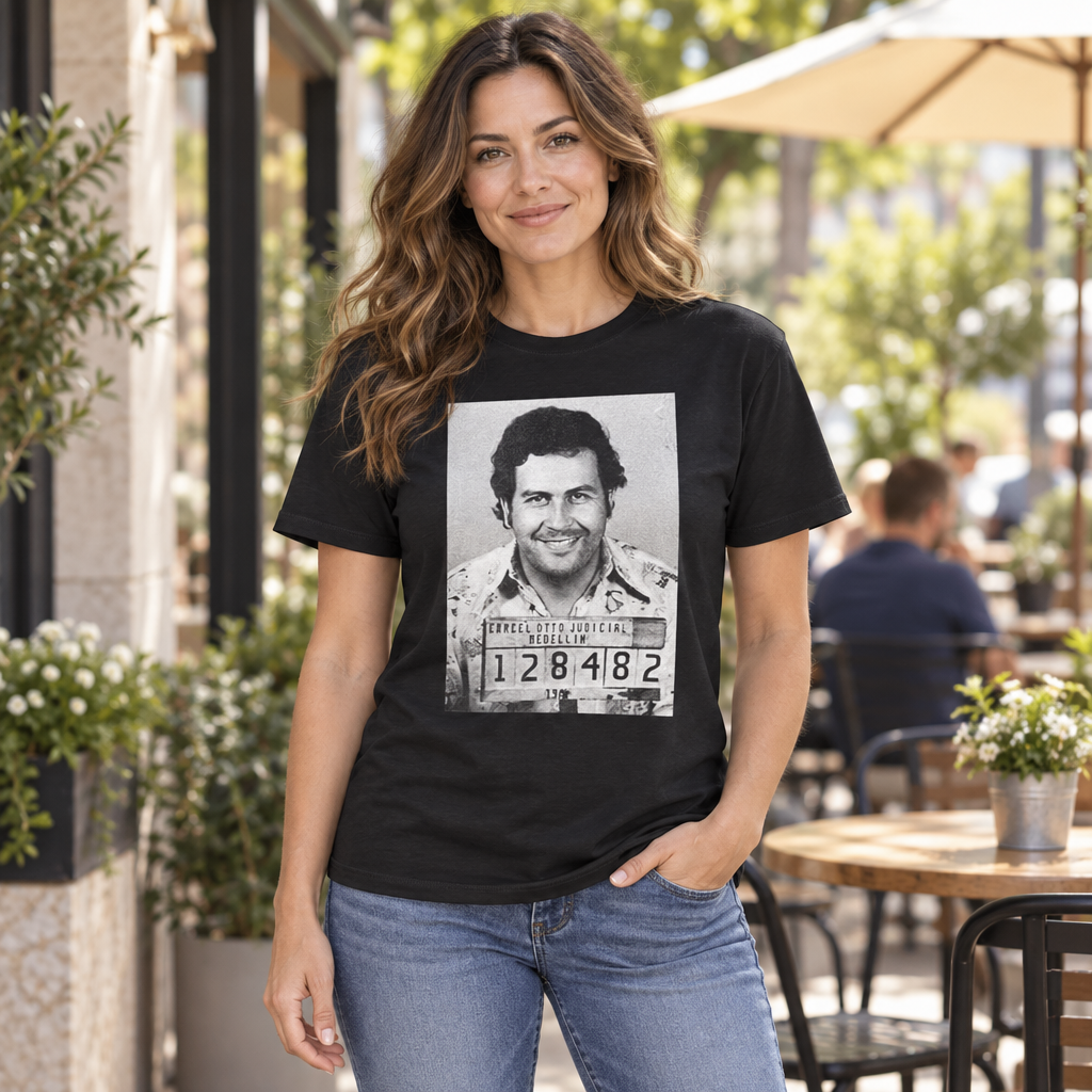 Pablo Escobar Portrait — Black T-Shirt — lifestyle hero