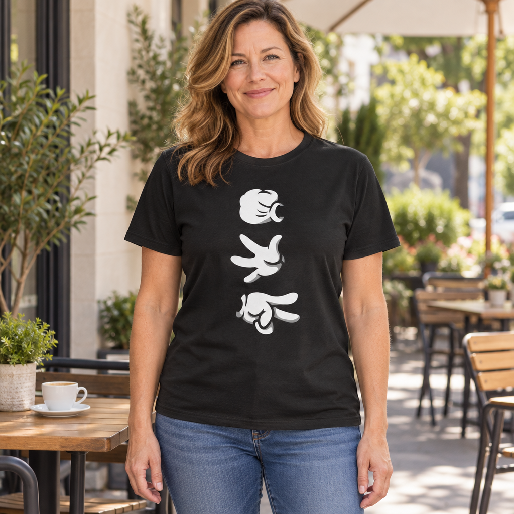 Rock Paper Scissors Cartoon Hands — Black T-Shirt — lifestyle hero
