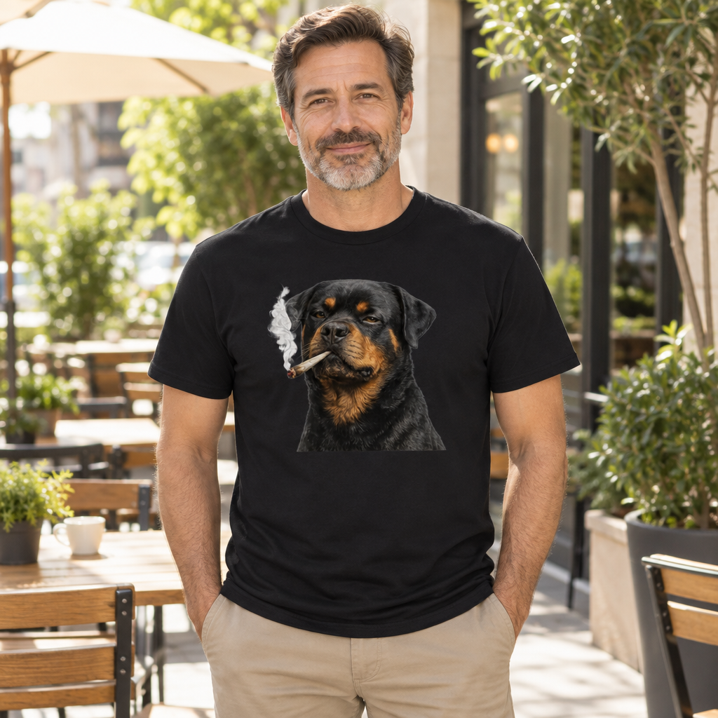 Rottweiler Smoking Weed — Black T-Shirt — lifestyle hero