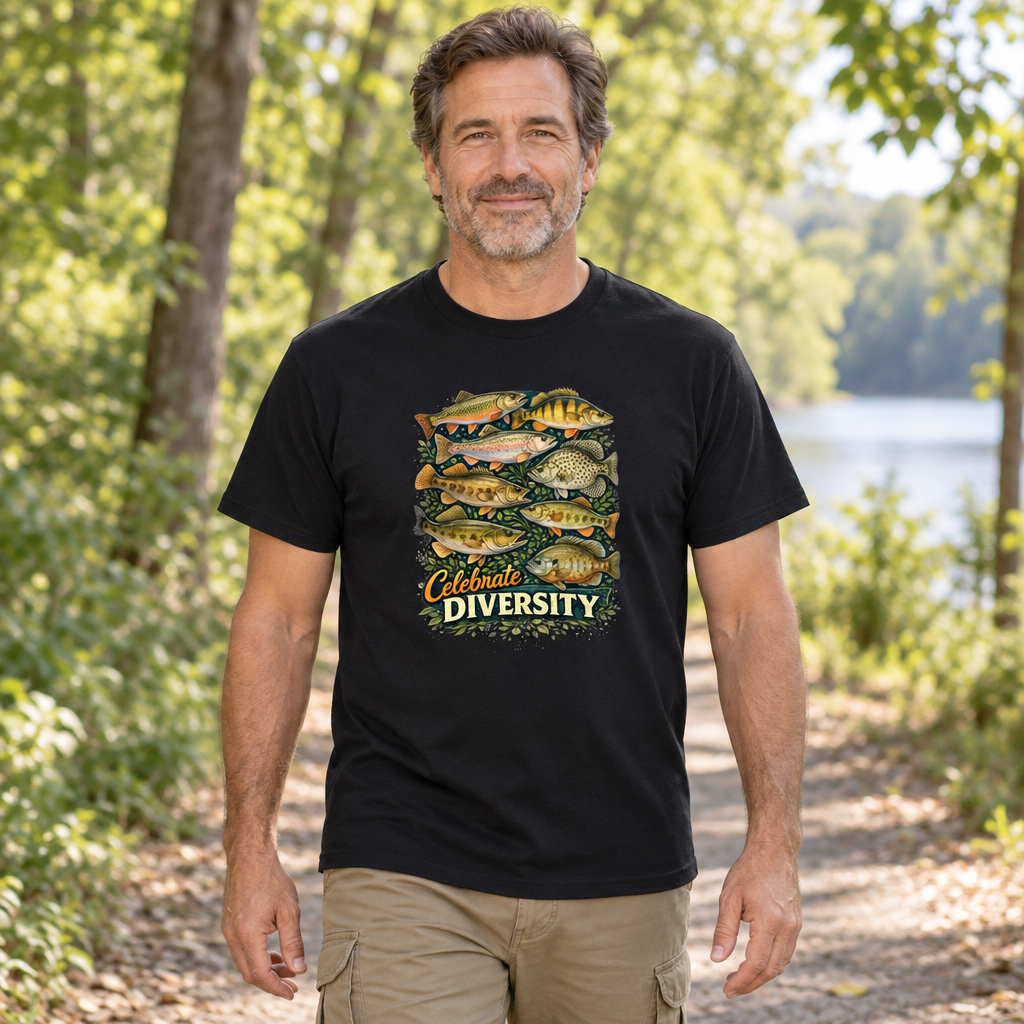 Fishing Shirt Men Celebrate Diversity Freshwater Fish — Black T-Shirt — lifestyle hero
