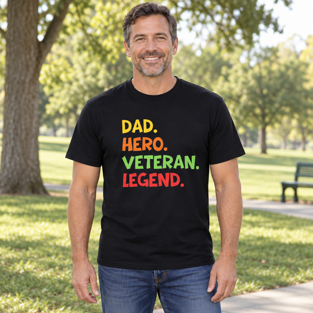Dad Hero Veteran Legend — Black T-Shirt — lifestyle hero