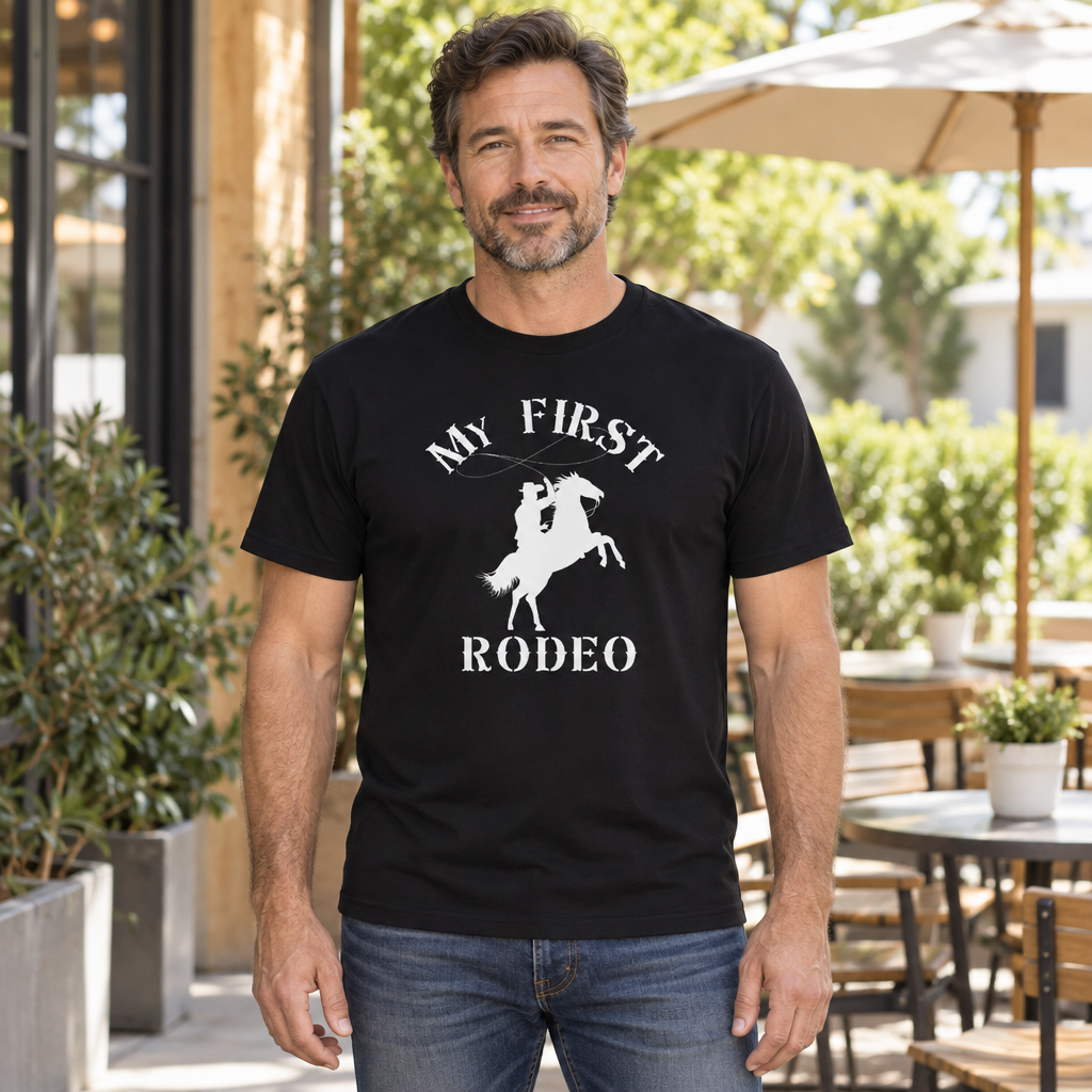 My First Rodeo — Black T-Shirt — lifestyle hero