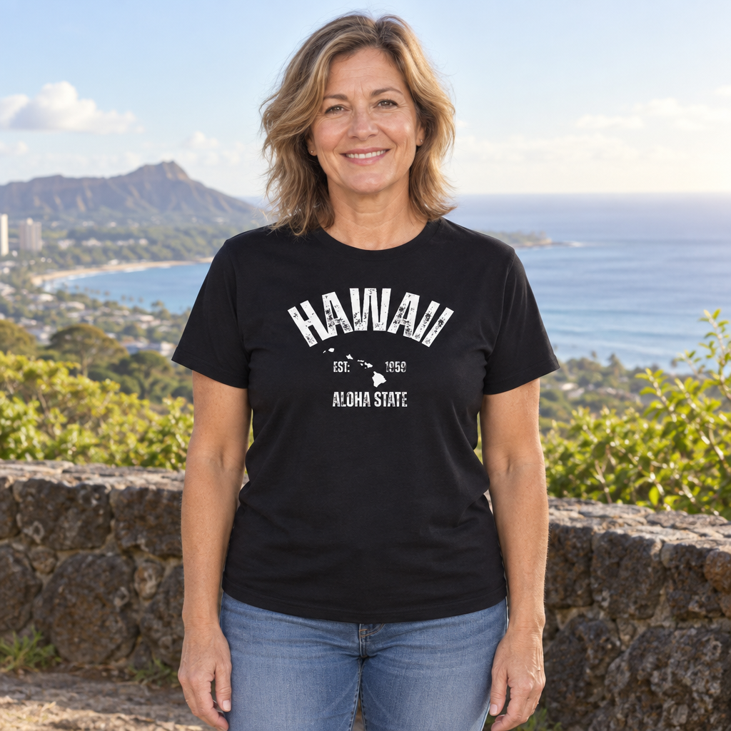Hawaii The Aloha State Est 1959 — Black T-Shirt — lifestyle hero