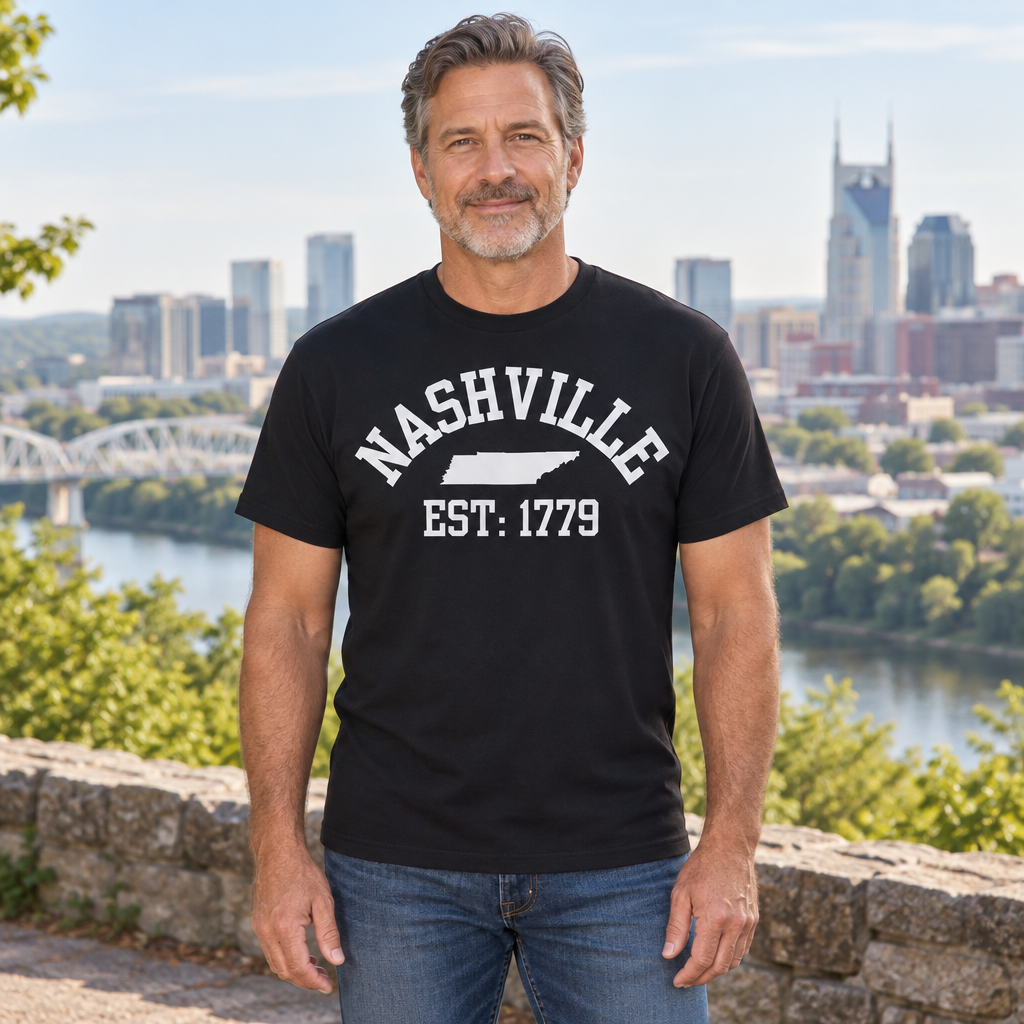 Nashville Tennessee Est. 1779 Novelty Vacation — Black T-Shirt — lifestyle hero