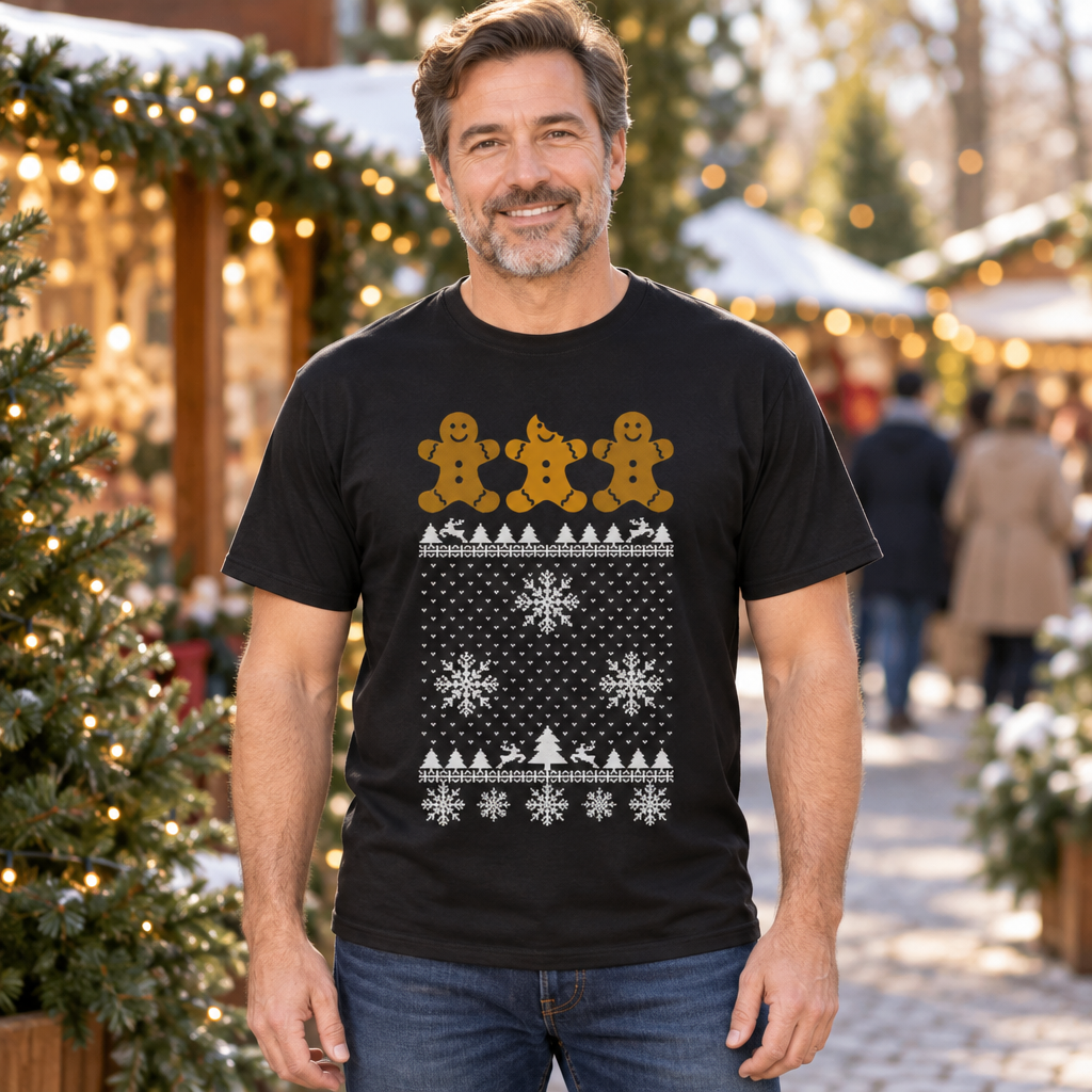 Broken Gingerbread Man Funny Ugly Christmas Sweater Design — Black T-Shirt — lifestyle hero