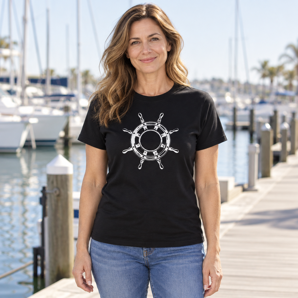 Nautical Captain Wheel — Black T-Shirt — lifestyle hero