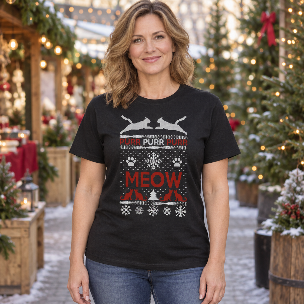 Cats Meow and Purr Ugly Christmas Sweater Design — Black T-Shirt — lifestyle hero