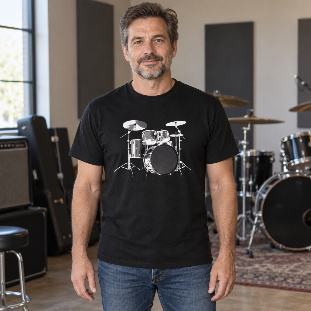Drum Kit Illustration — Black T-Shirt — lifestyle hero