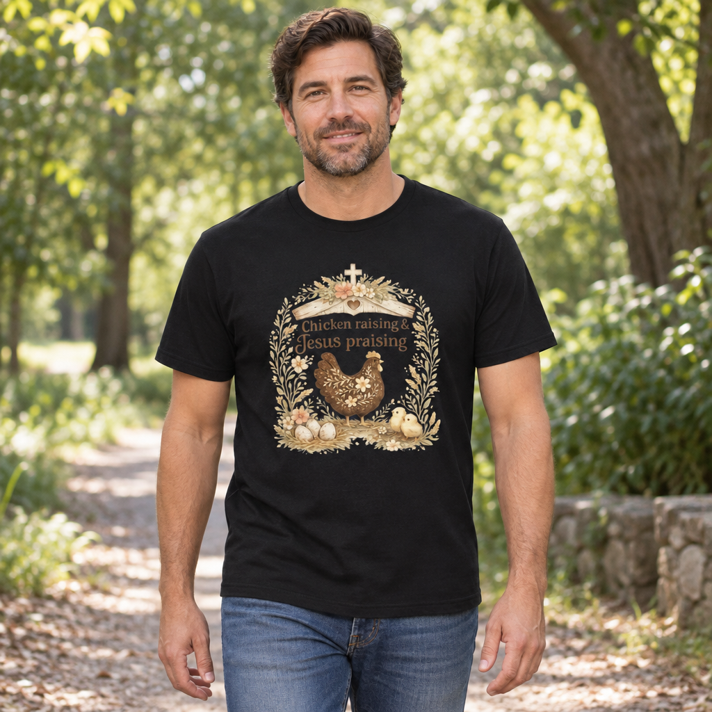 Chicken Raising Praising — Black T-Shirt — lifestyle hero