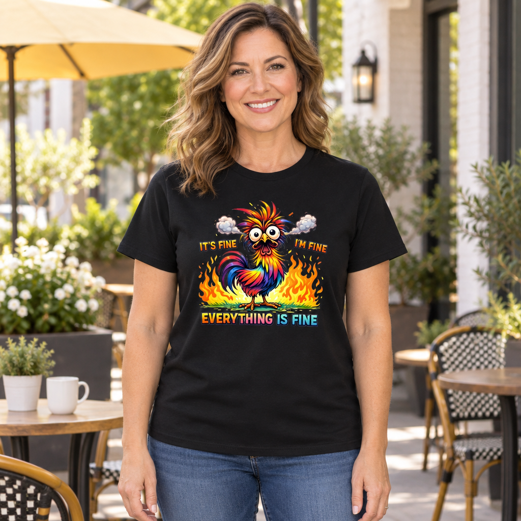 Everything Is Fine Owl — Black T-Shirt — lifestyle hero