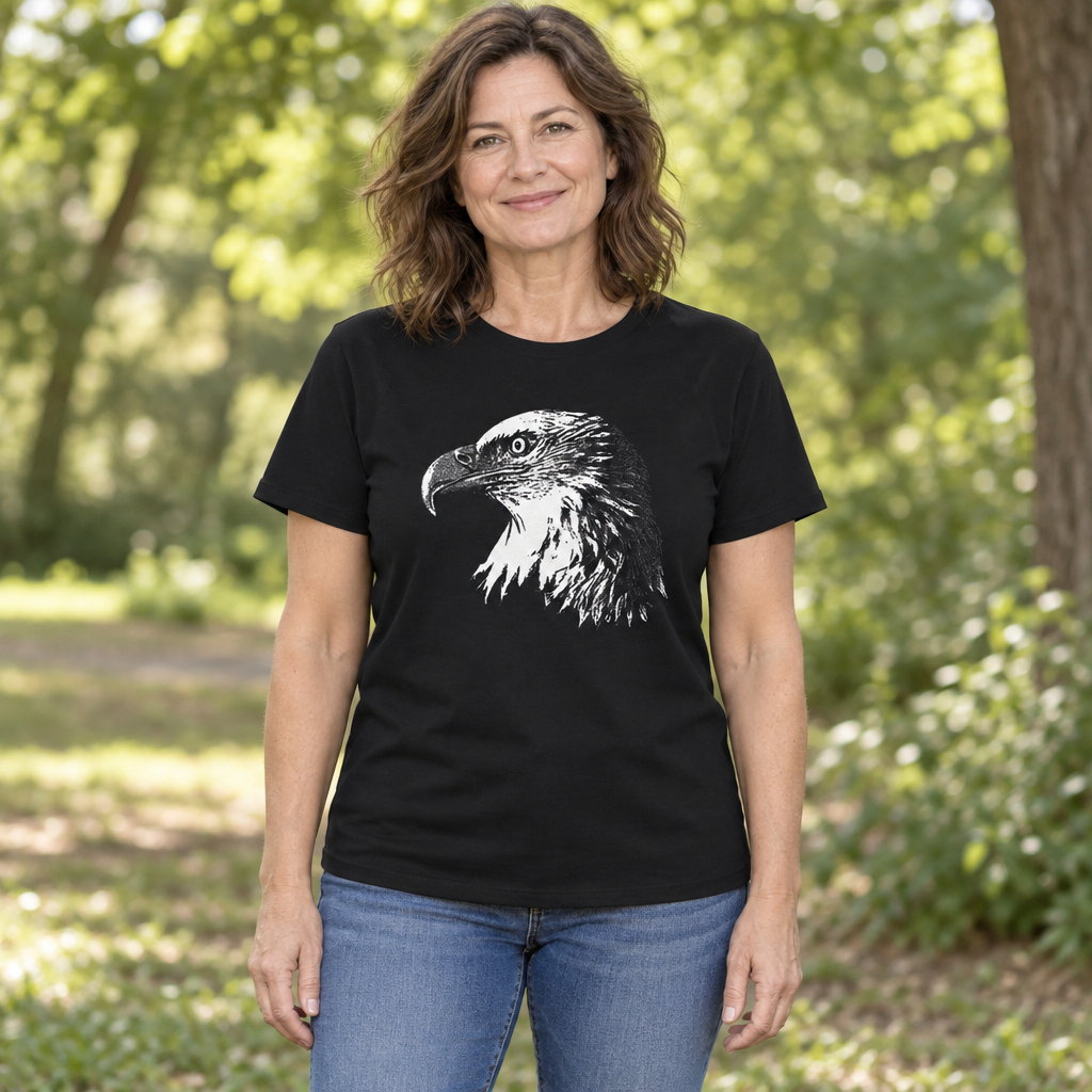 Bald Eagle Portrait — Black T-Shirt — lifestyle hero
