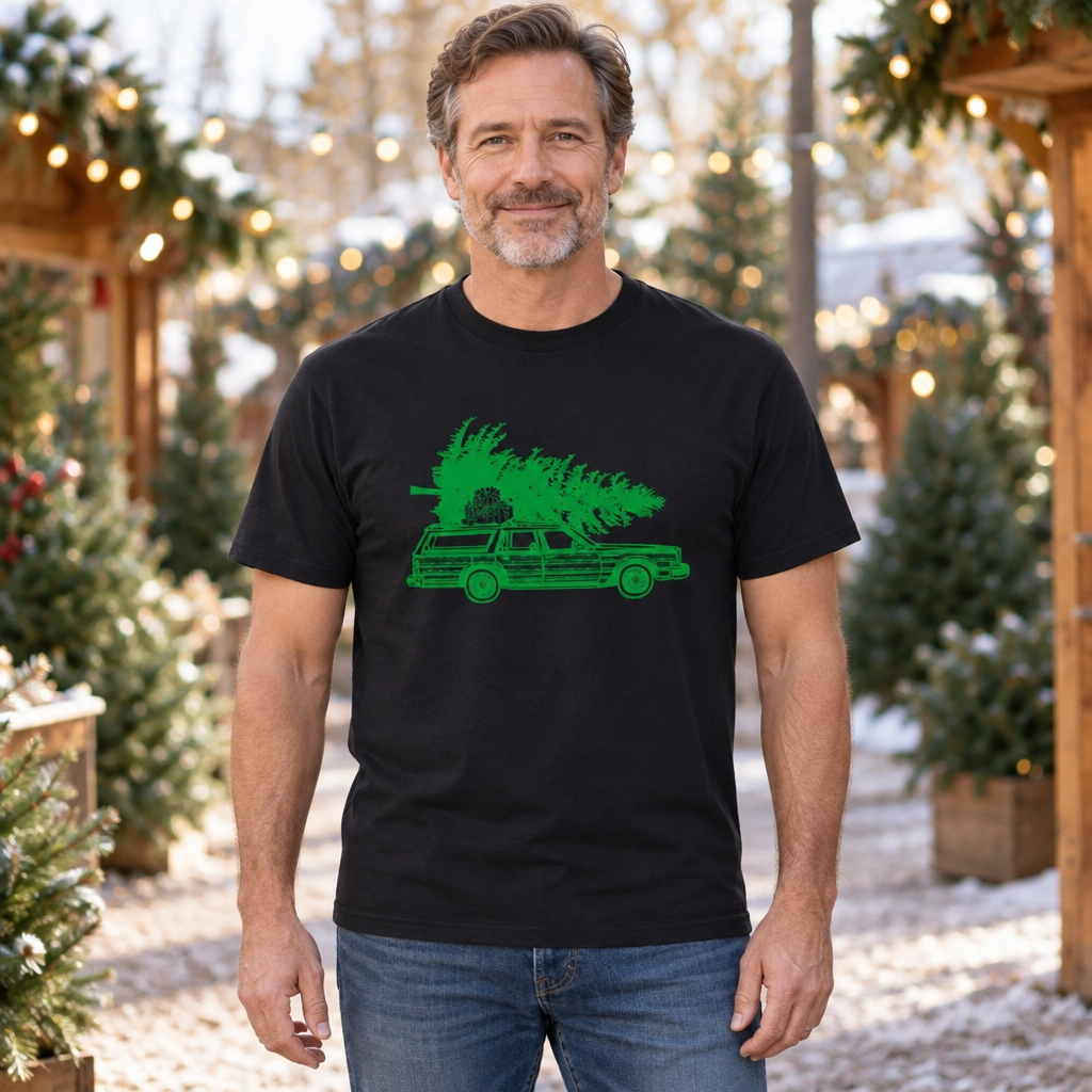 Griswold Station Wagon and Christmas Tree — Black T-Shirt — lifestyle hero