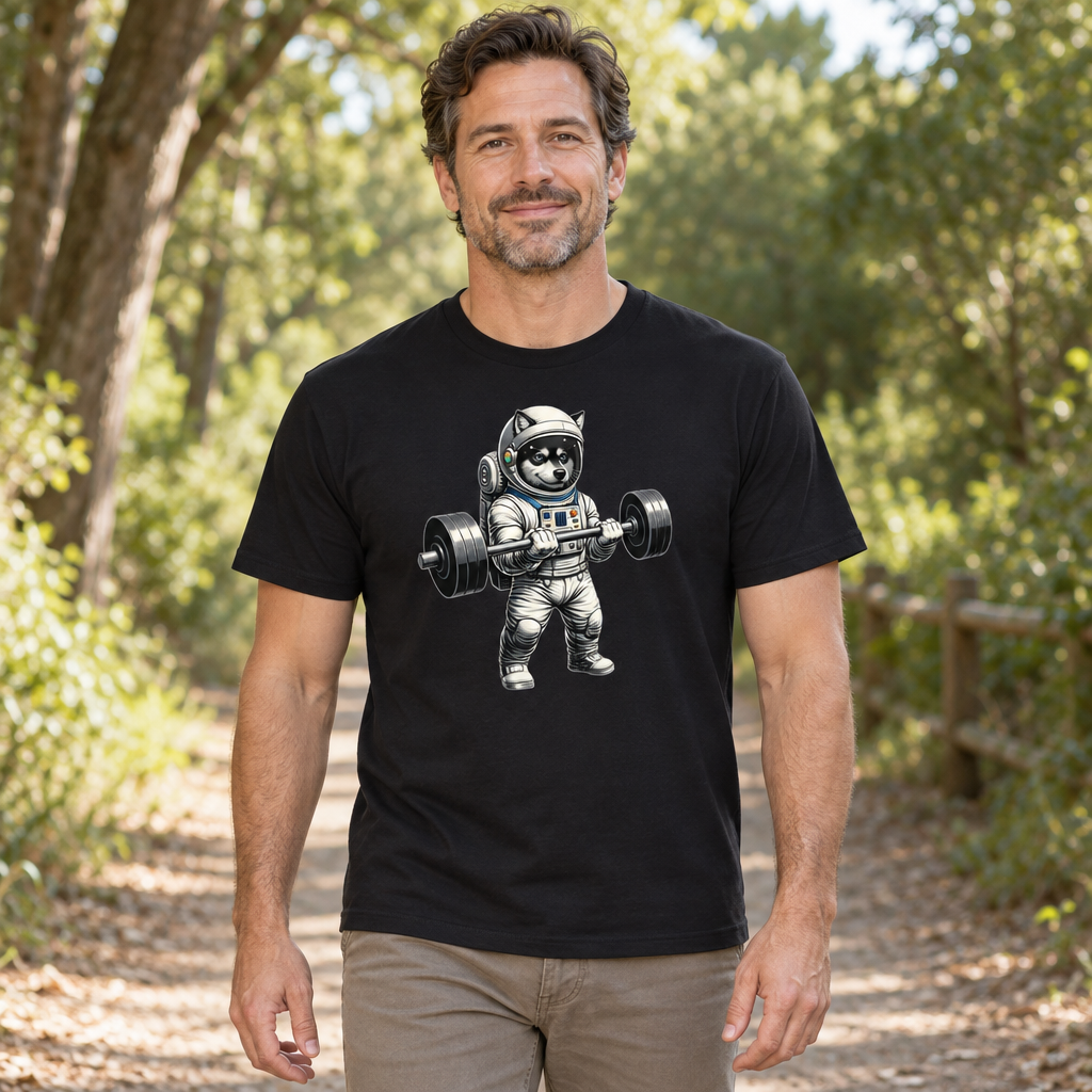 Space Dog Weightlifting — Black T-Shirt — lifestyle hero
