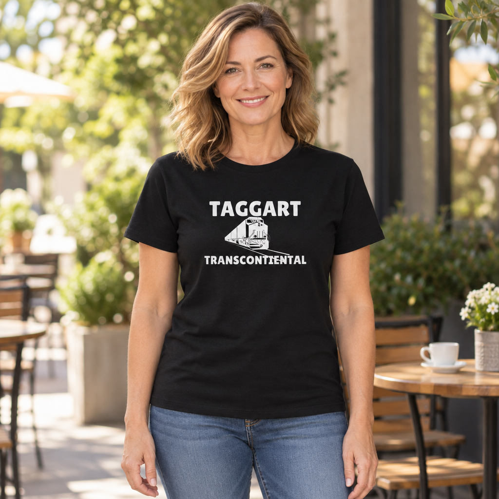 Atlas Shrugged Taggart Transcontinental — Black T-Shirt — lifestyle hero