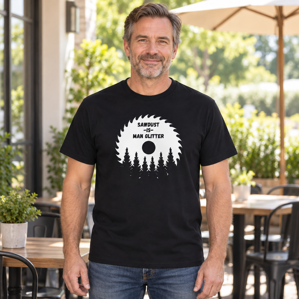 Sawdust Man Glitter Funny Carpenter — Black T-Shirt — lifestyle hero