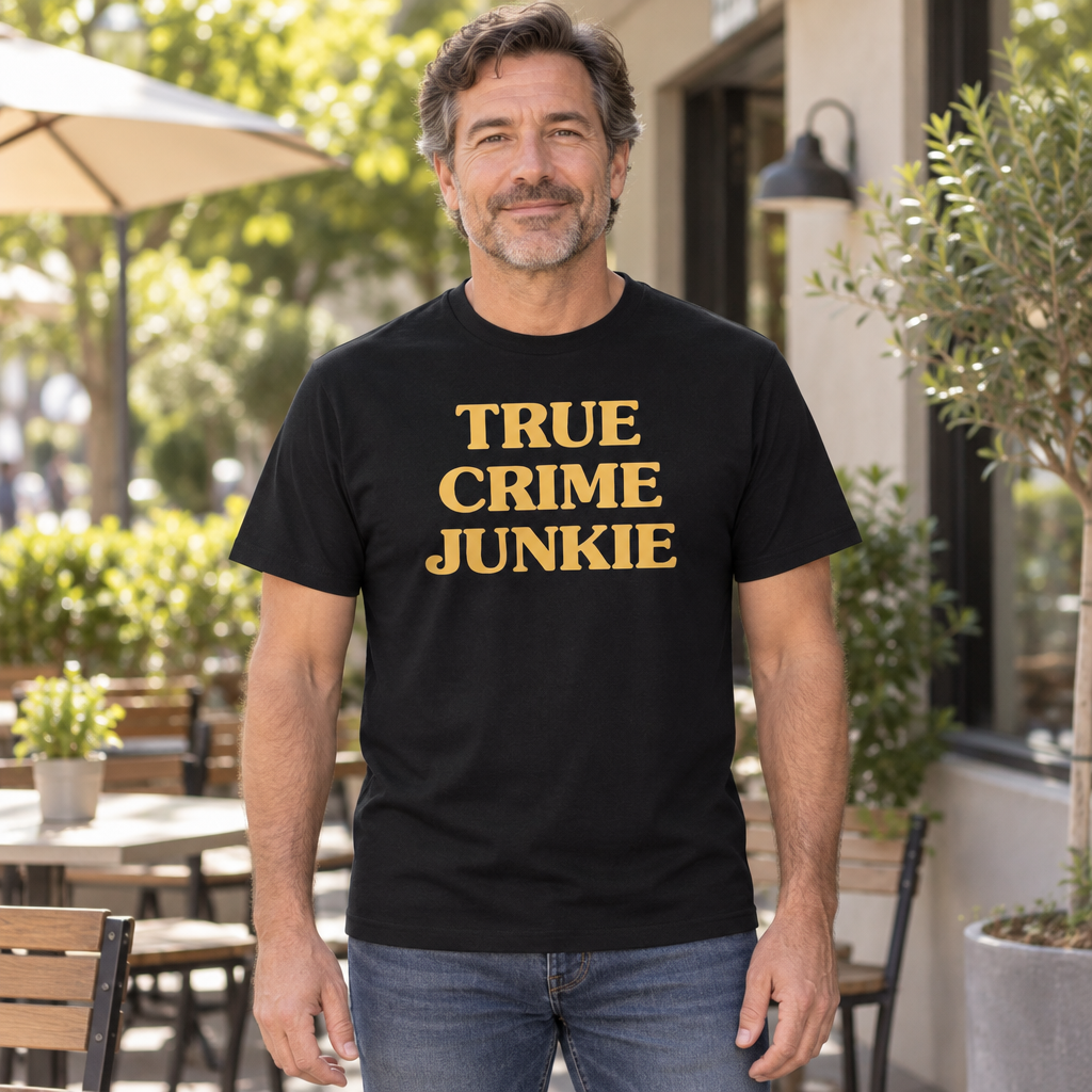 True Crime Podcast Junkie — Black T-Shirt — lifestyle hero