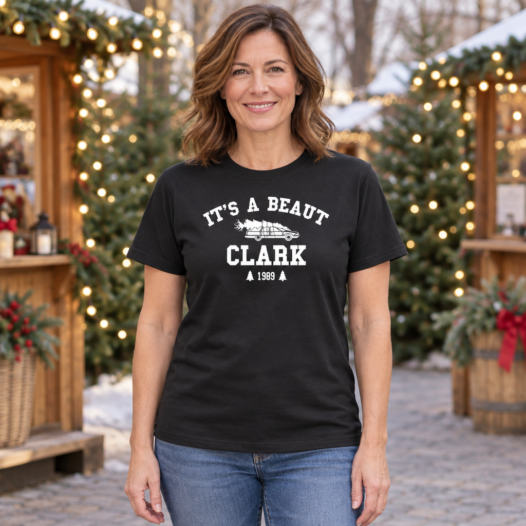It's a Beaut Clark Funny Christmas Tree — Black T-Shirt — lifestyle hero