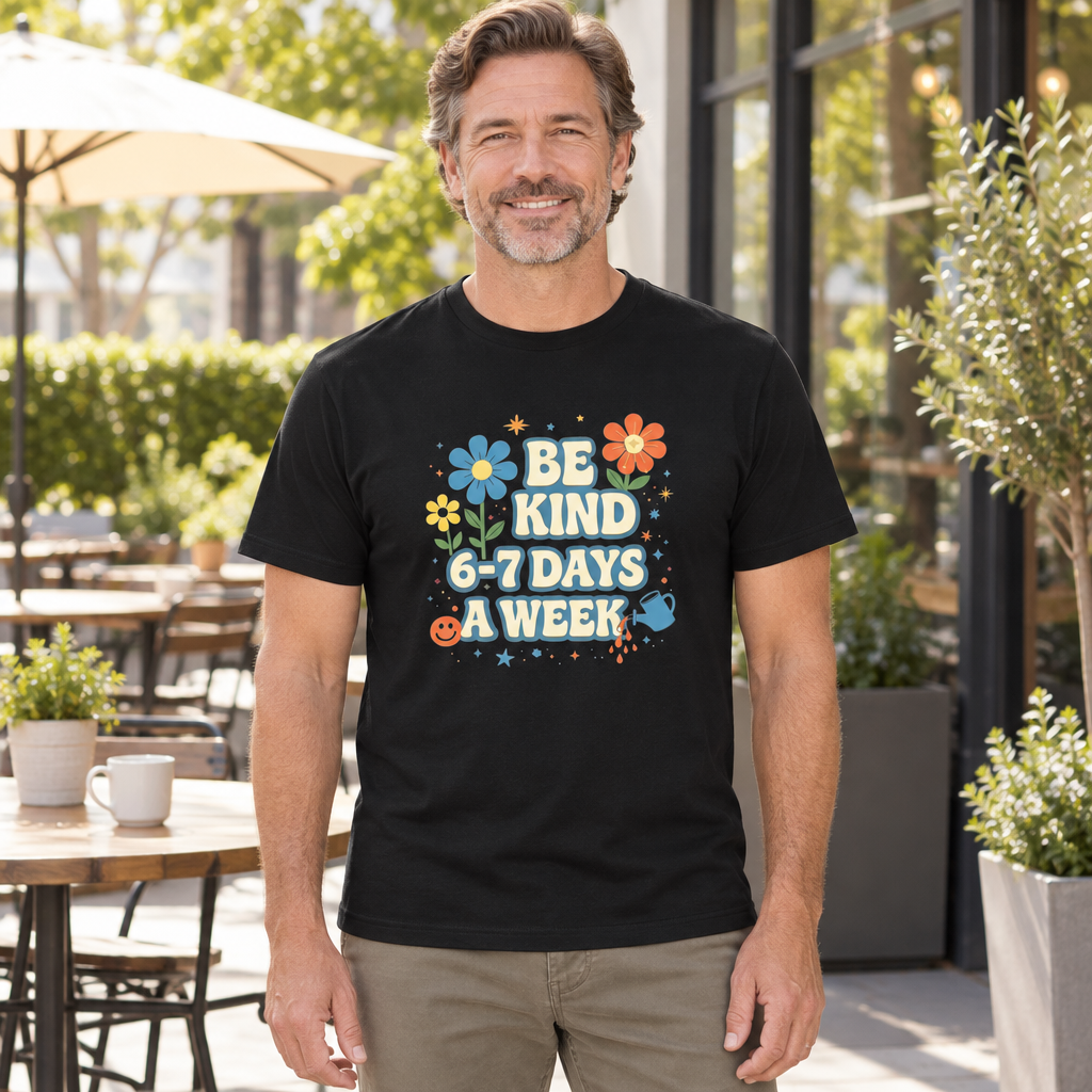 Be Kind Six to Seven Days a Week — Black T-Shirt — lifestyle hero