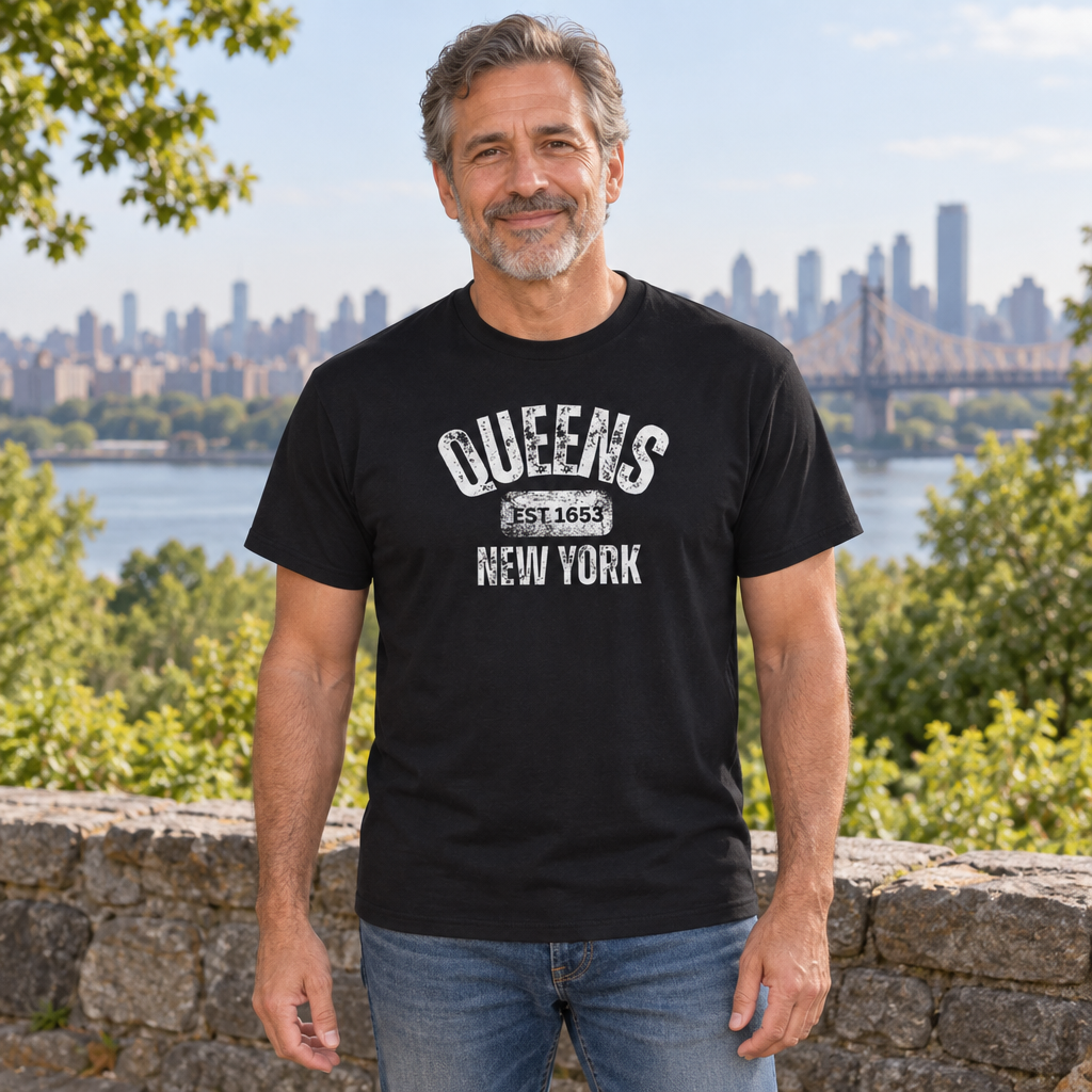 Queens New York Est. 1653 — Black T-Shirt — lifestyle hero