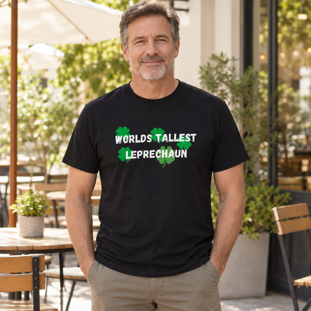 Worlds Tallest Leprechaun — Black T-Shirt — lifestyle hero