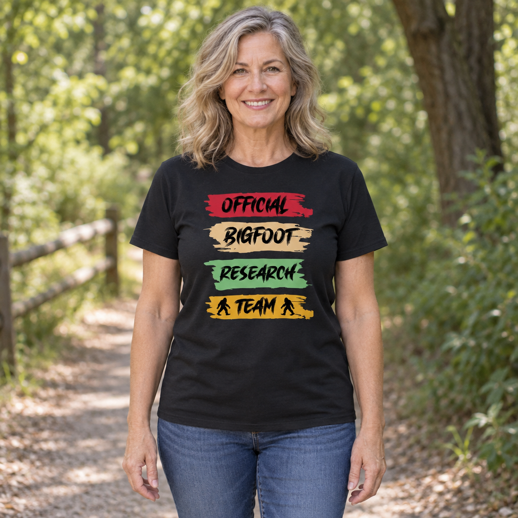 Cryptid Hunter Official Bigfoot Research Team — Black T-Shirt — lifestyle hero