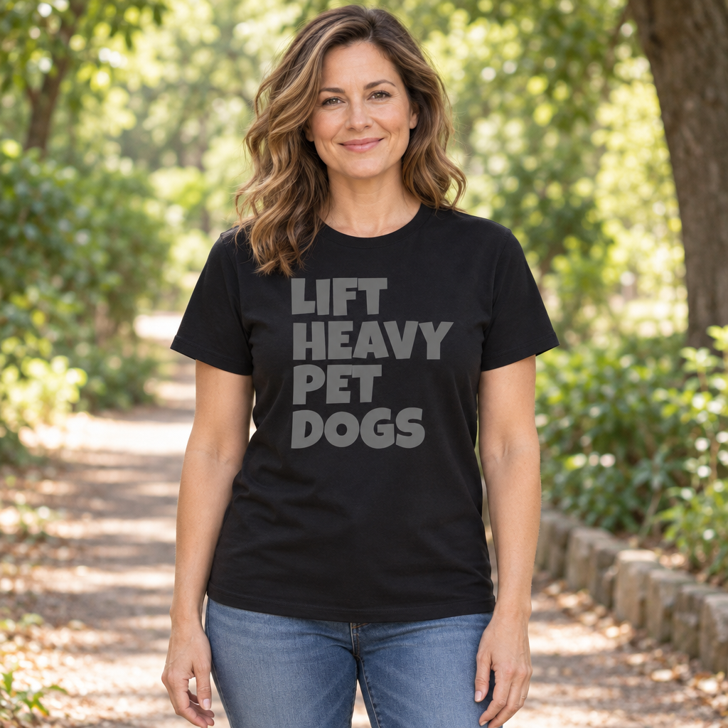 Lift Heavy Pet Dogs — Black T-Shirt — lifestyle hero