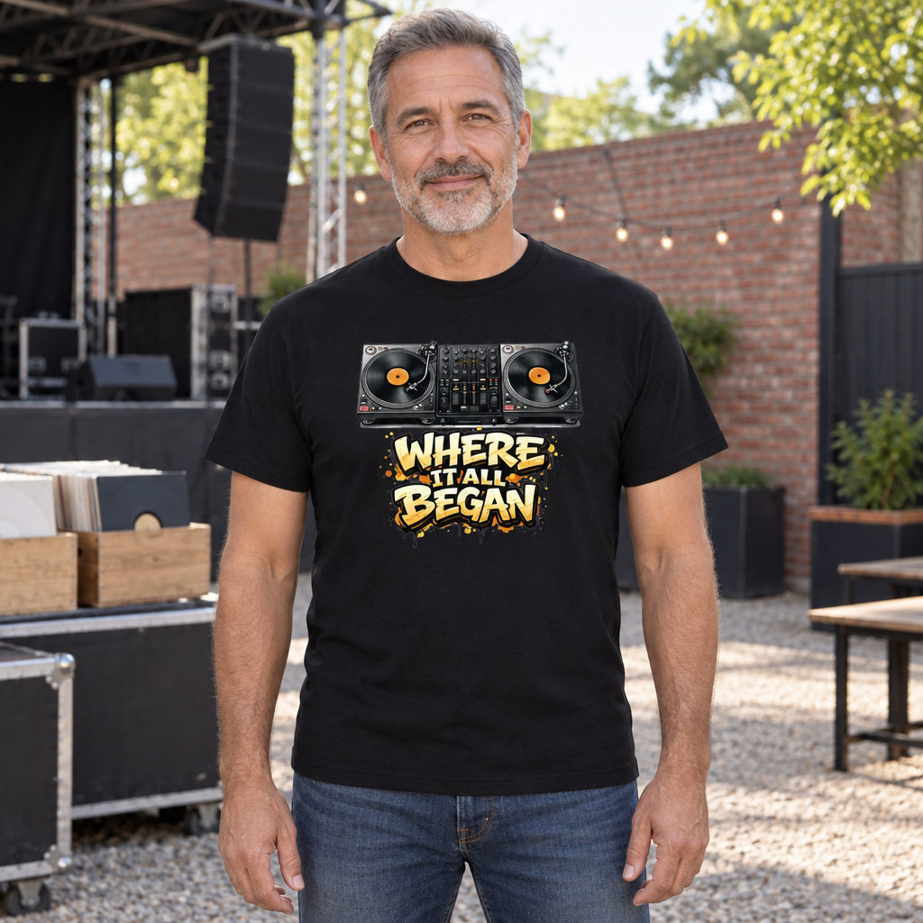 Where It All Began Turntables — Black T-Shirt — lifestyle hero