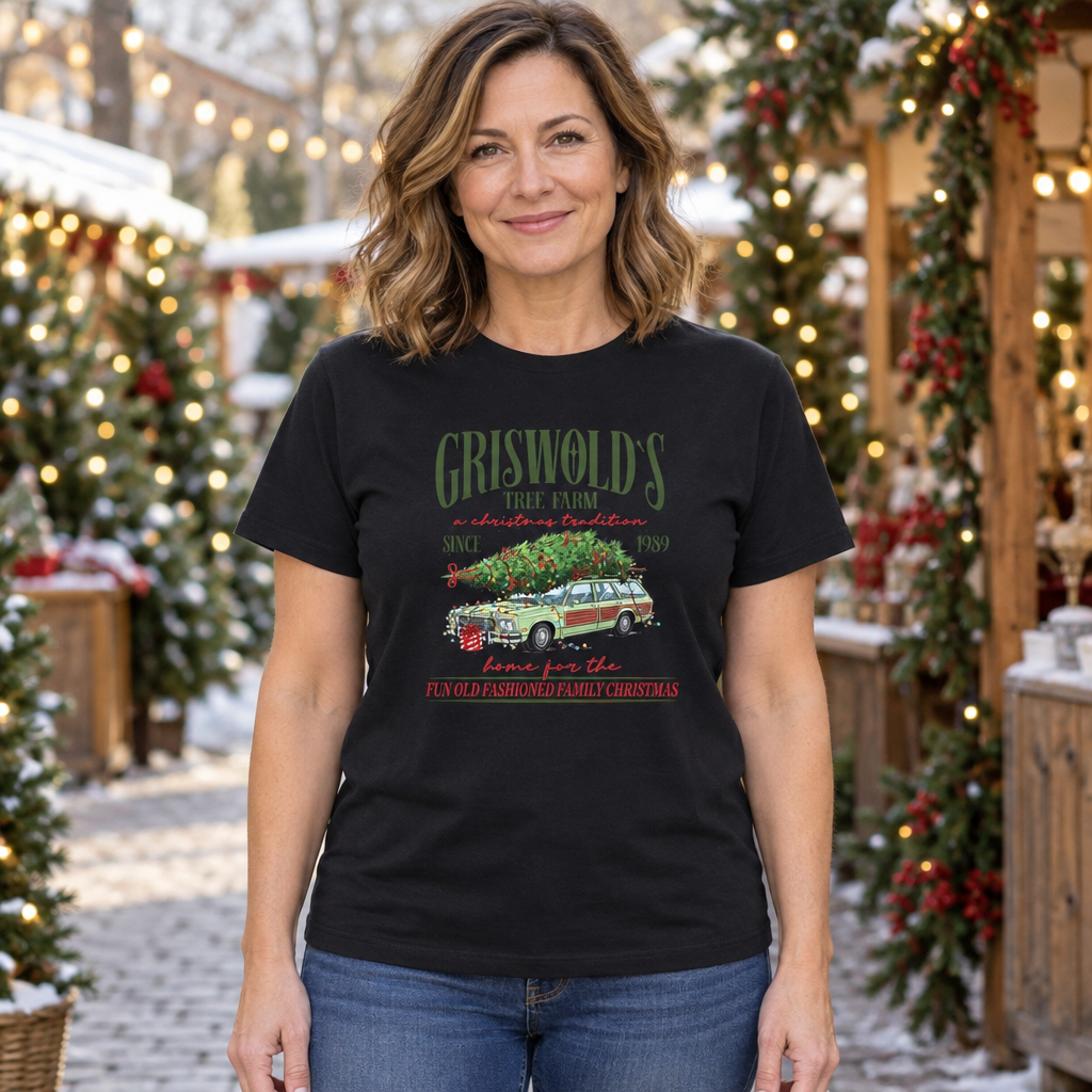 Hilarious Griswold's Tree Farm Christmas — Black T-Shirt — lifestyle hero